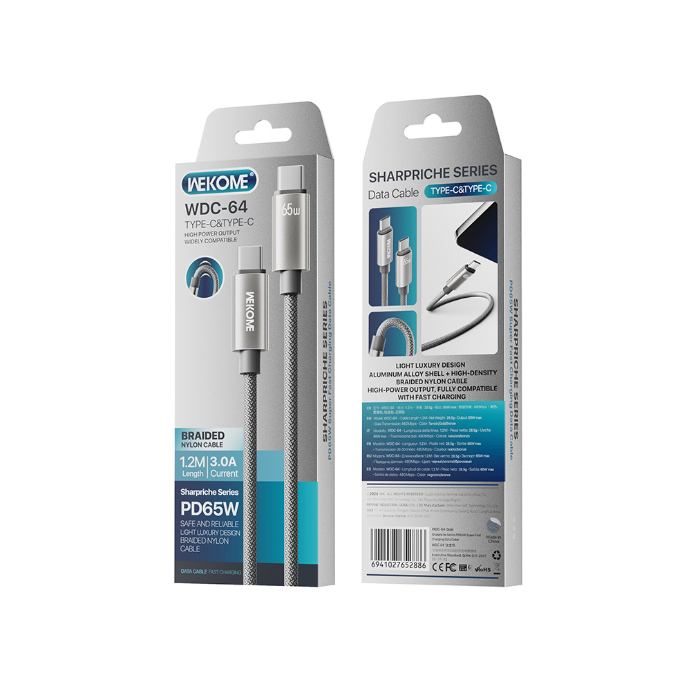 Καλώδιο Φόρτισης USB-C σε USB-C PD 65W 1.2m WK WDC-64 Γκρι