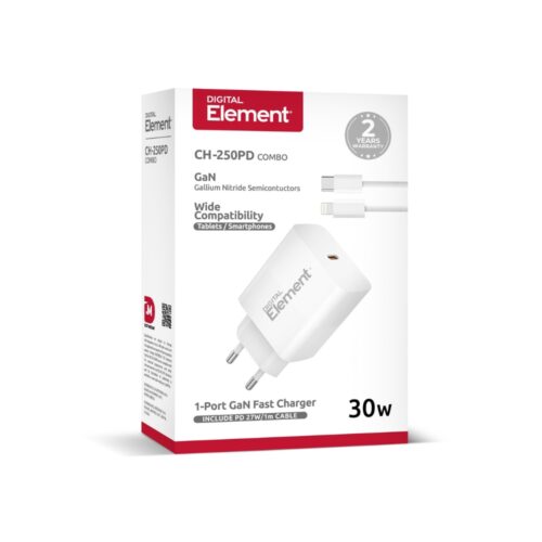 Φορτιστής Σπιτιού PD 30W με Καλώδιο Lightning 1m Element CH-250PD Λευκός