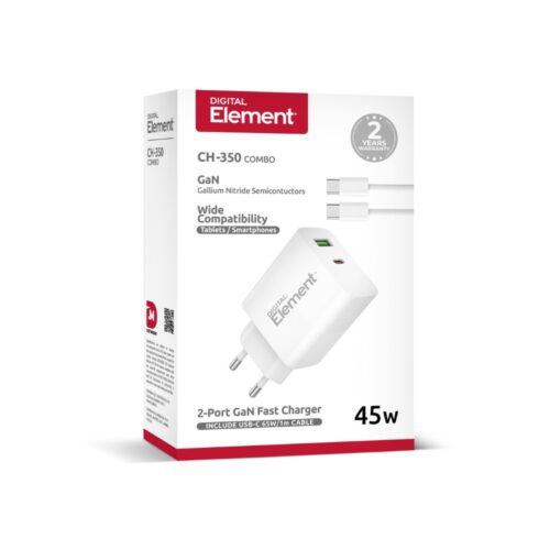 Φορτιστής Σπιτιού PD 45W 2 Θέσεων με Καλώδιο USB-C 1m Element Λευκός
