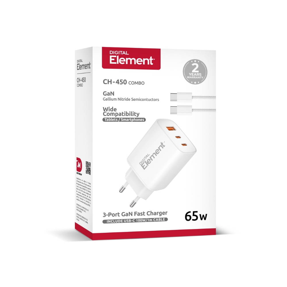 Φορτιστής Σπιτιού PD 65W 3 Θέσεων με Καλώδιο USB-C 1m Element Λευκός