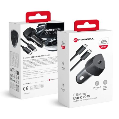 Φορτιστής Αυτοκινήτου USB-C PD 20W με Καλώδιο USB-C σε USB-C Forcell F-Energy Carbon Μαύρος
