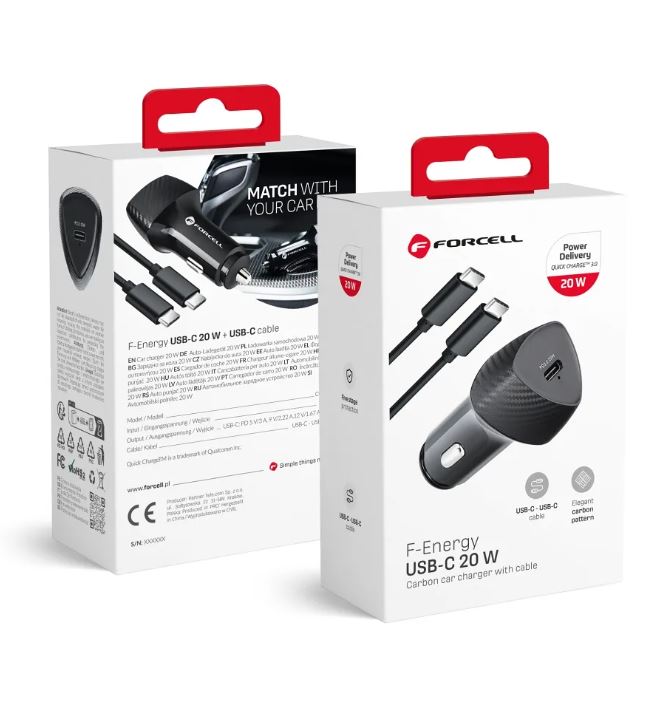 Φορτιστής Αυτοκινήτου USB-C PD 20W με Καλώδιο USB-C σε USB-C Forcell F-Energy Carbon Μαύρος