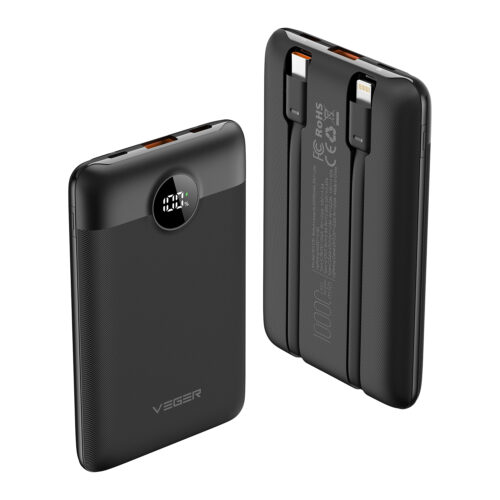 Veger C11 - 10,000mAh PD22.5W PD Digital Display Light Weight Powerbank With Built In Lightning & USB-C Cable