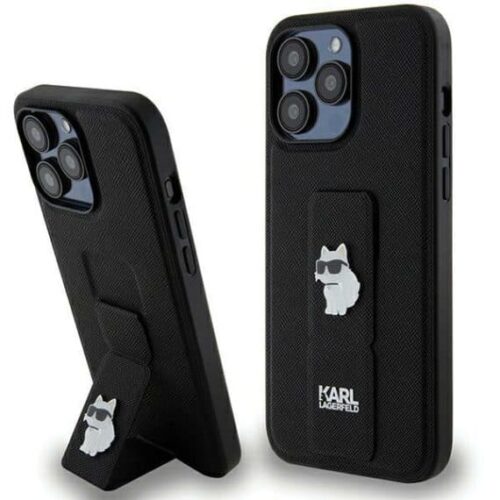 Θήκη iPhone 13 Pro Max Gripstand Saffiano Choupette Pins Karl Lagerfeld Μαύρη