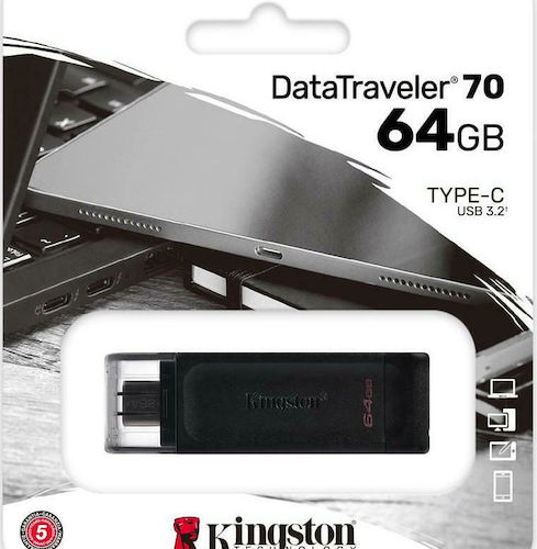 USB Stick 64GB USB 3.2 USB-C Kingston DataTraveler 70 Μαύρο