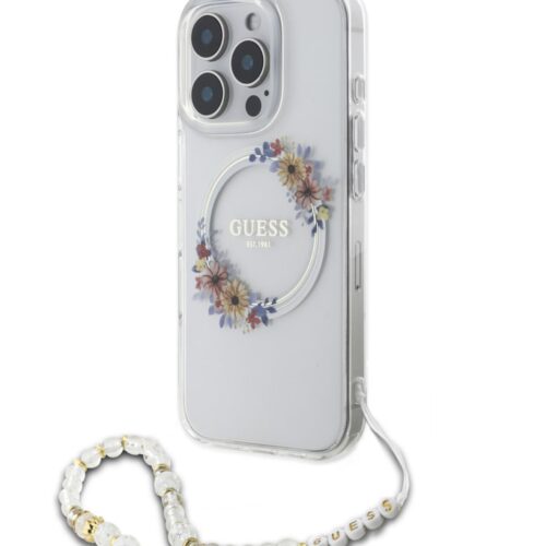 Θήκη MagSafe IML Flower Wreath με Λουράκι Πέρλας για iPhone 16 Pro Guess Διάφανη